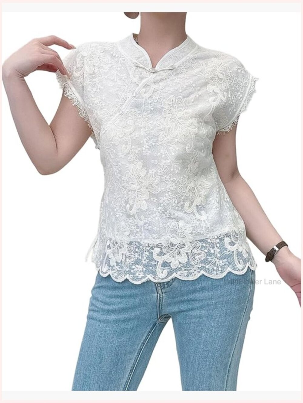 Sheer Lace Blouse with Mandarin Collar Short Sleeve Tunic Top